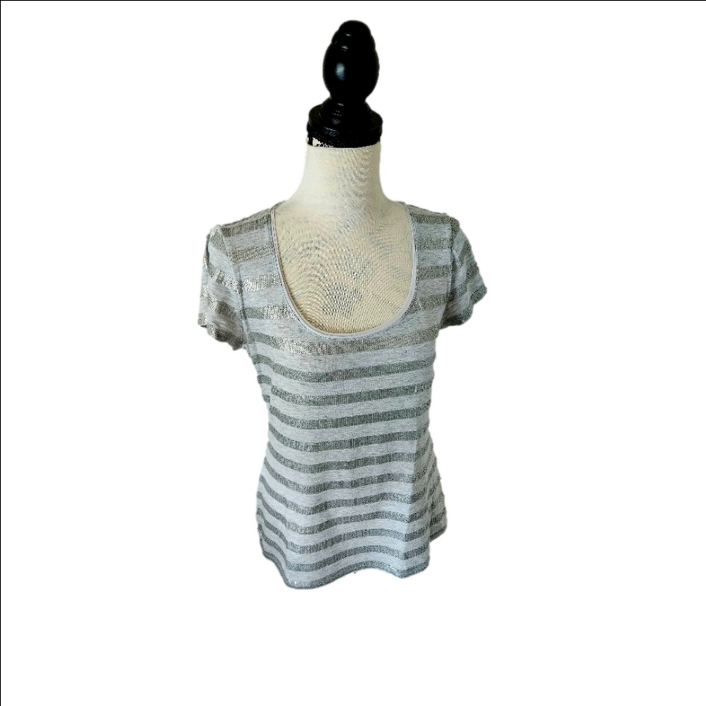 🔥WHBM  gray and silver sequin striped top short sleeves size medium🔥